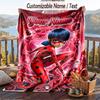 Miraculous Ladybug Flannel Blanket, Personalized Custom Name Text, Soft Warm Plush Throw Blanket For Gift