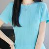 Navava Women Thin Ribbed Round Neck Short Sleeve Knit Tee Nk3718