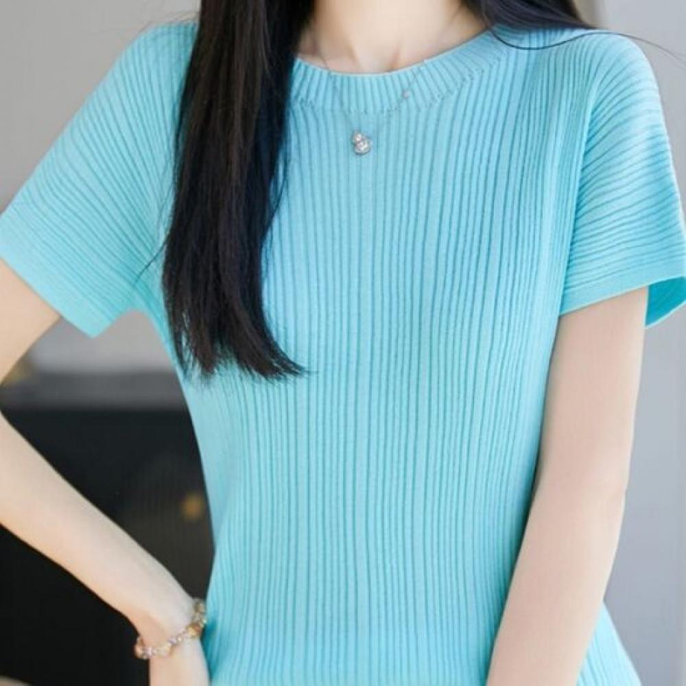 Navava Women Thin Ribbed Round Neck Short Sleeve Knit Tee Nk3718