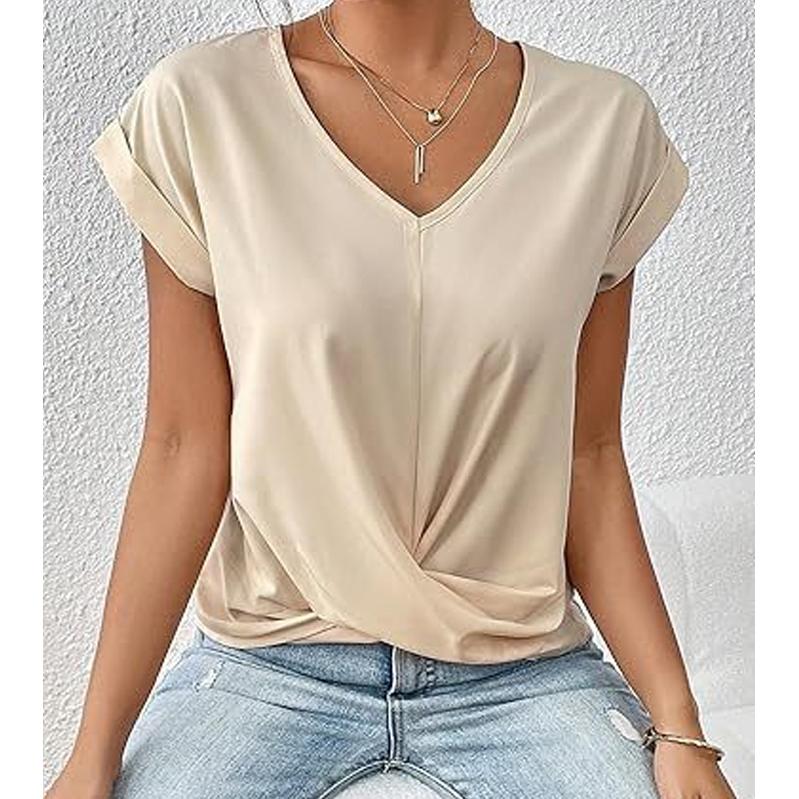 Women's Solid Color V-neck T-shirt Elegant Short-sleeved Blouse Spring and Summer Casual Women's Clothing