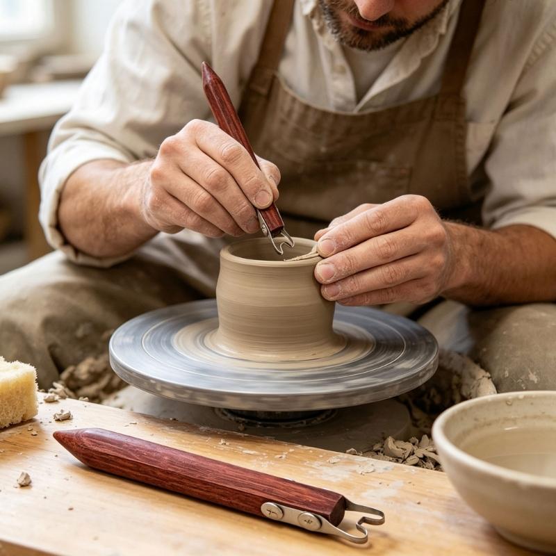 2-Piece Wooden Handle Pottery Shaping Tool with Open Working Ends for Trimming Pottery Feet and Finishing Bases After Wheel Throwing