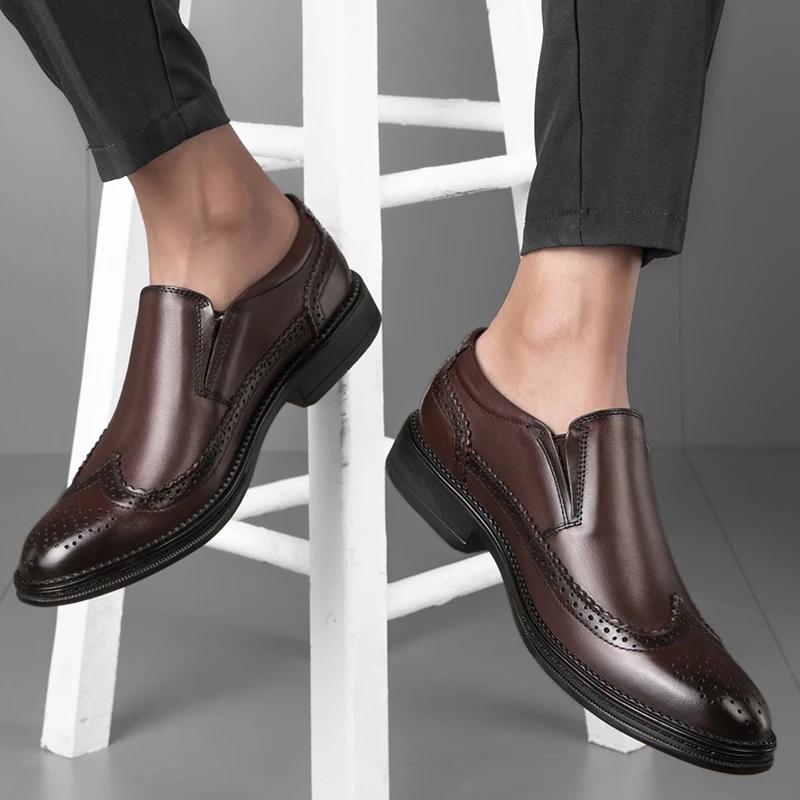 Fashion Elegantes Genuine Leather Men Brogue Shoes Man Dress Shoes Slip On Business Casual Shoes Classic Leather Breathable Oxford Shoes