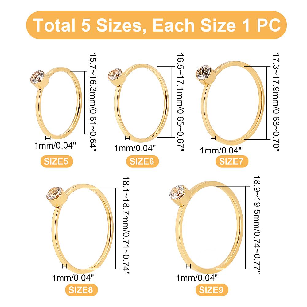 5Pcs 5 Style Flat Round Rhinestone Finger Rings Ion Plating(IP) 304 Stainless Steel Thin Finger Rings for Women Golden Crystal