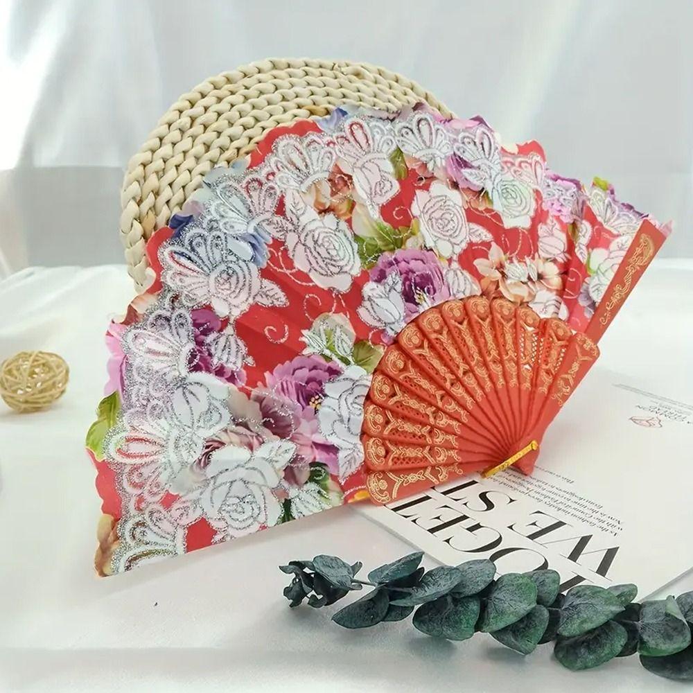 Handheld Embroidery Fan Plastic Chinese Folding Fan Flower Lace Fan Summer