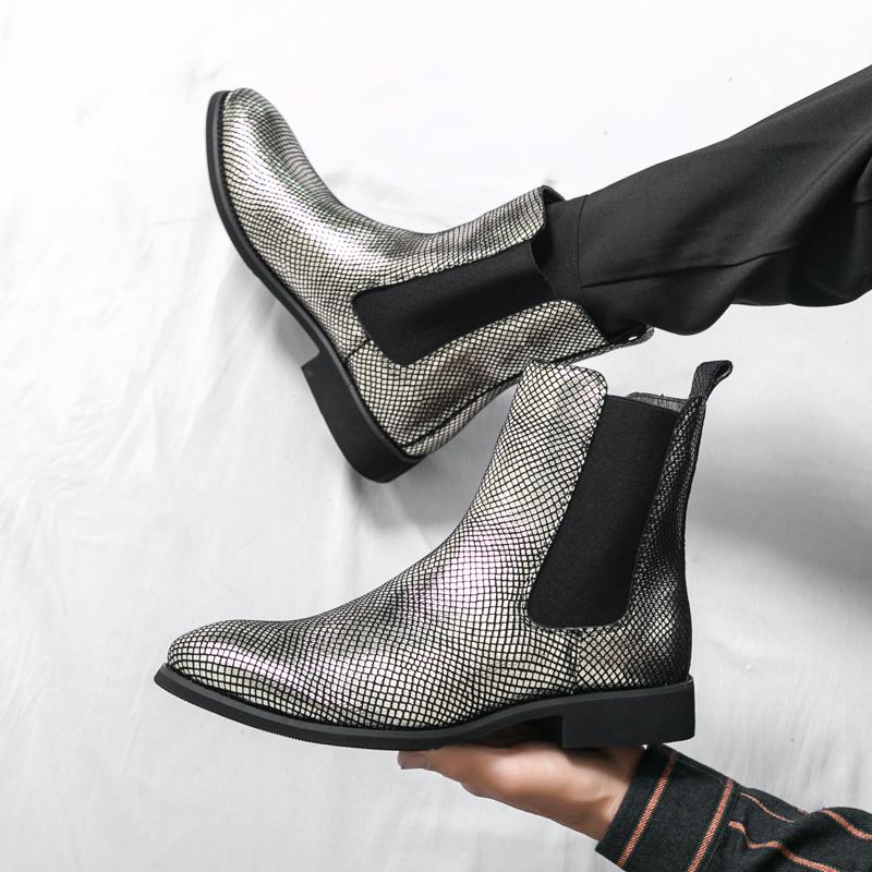 Męskie Złote Botki Chelsea Botki Motocyklowe Retro Street Style Srebrne Buty Wizytowe Smokingowe Ślubne Buty Męskie Botki do Kostki Duży Rozmiar