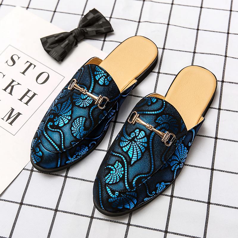 Herr PU Läderskor Casual Tofflor För Män Halvtofflor Klänningsskor Mönster Sommar Loafers Vintage Klassiska Affärsmänskor