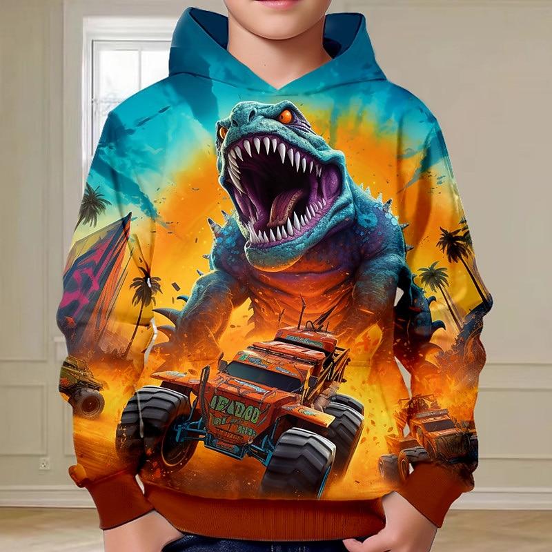 Boys Dinosaur Hoodie Pullover Long Sleeve Fall Winter Fashion Streetwear Cool Kids Outdoor Casual Daily Regular Fit