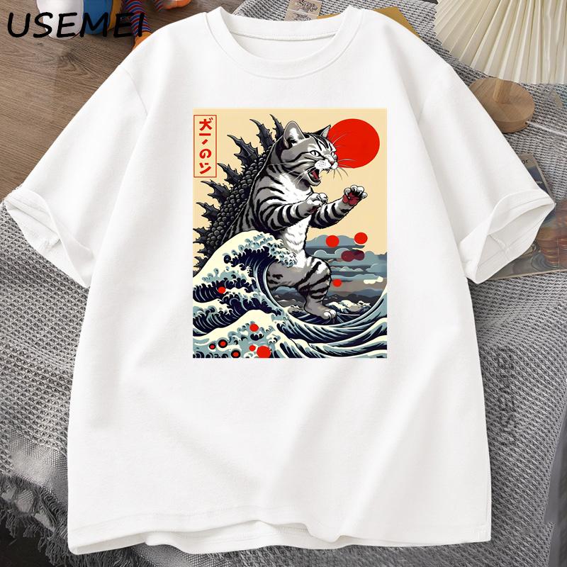 

Catzilla Cat Japanese Funny T-shirt for Men Vintage Cartoon Print Casual Comfortable Round Neck Short Sleeves T-shirt Top XXXL белый