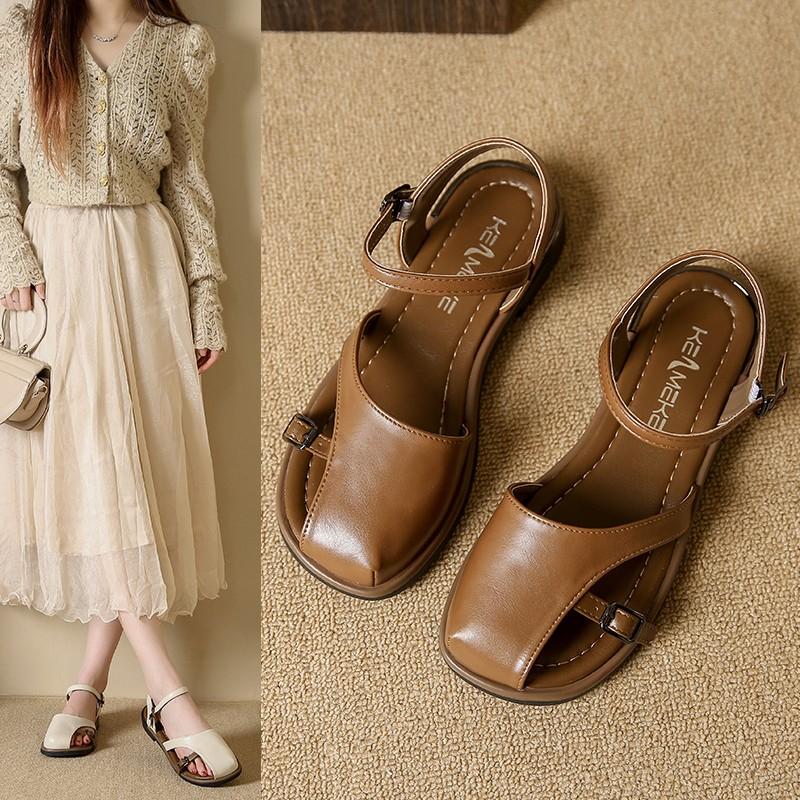 Fashion Solid Belt Bucke Strap Shallow Flip Flops Sandals 2025 Summer NEW All-Match Roman Style Casual Shoes Square Toe Grace Daily Shoe