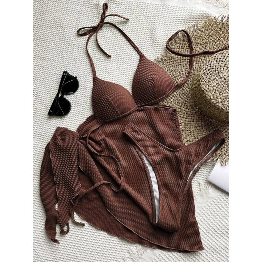 With Beach Sarong Bra Cup Wrinkled Bikini Female Swimsuit Women Swimwear Three-pieces Bikini Set Push Up Bathing Suit Swim Lady