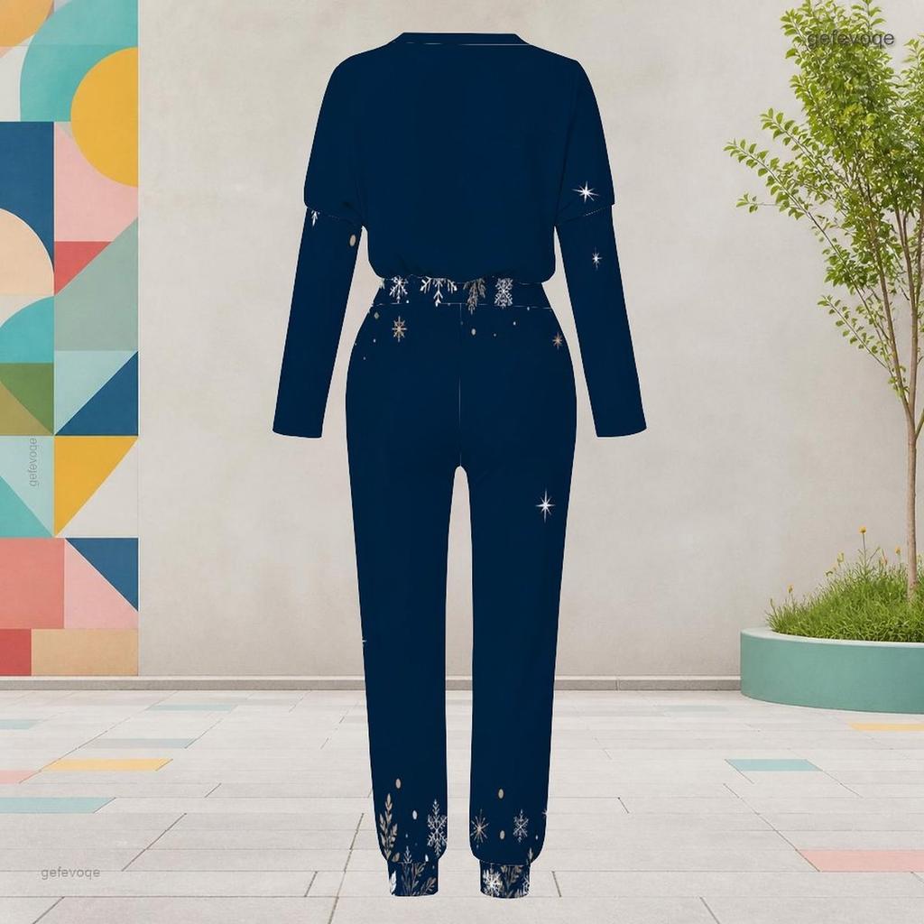 Women Plus Size Two Piece Set Round Neck Long Sleeve Printed Navy Blue Cuffed Top And Pants With Pockets
