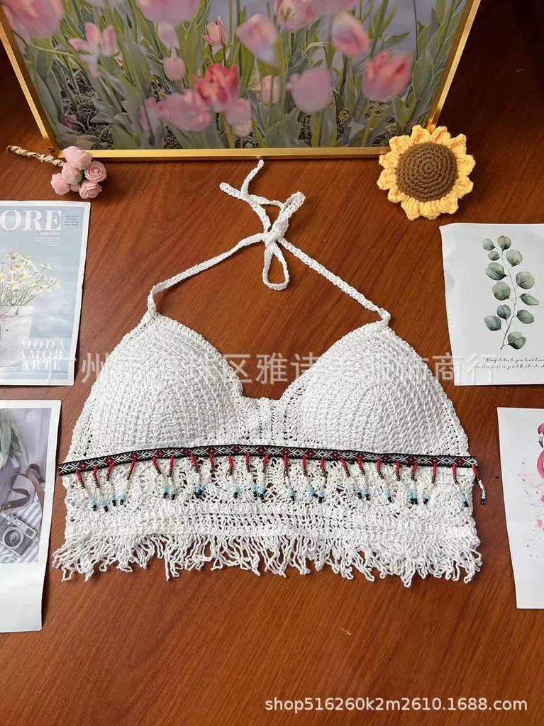 New fashionable and sexy tube top with small suspenders for women's summer seaside beach lace-up hollow knitted neck top
