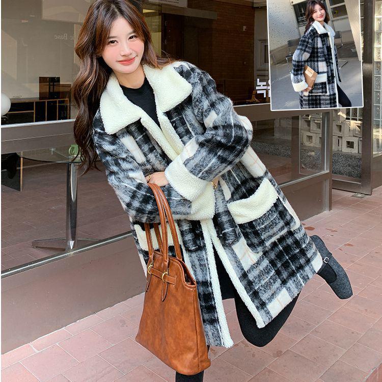 

Клетчатое пальто из искусственной овечьей шерсти: Пальто средней длины в стиле ретро с хлопковой подкладкой для женщин на осень/зиму S 45-55 kg чёрный