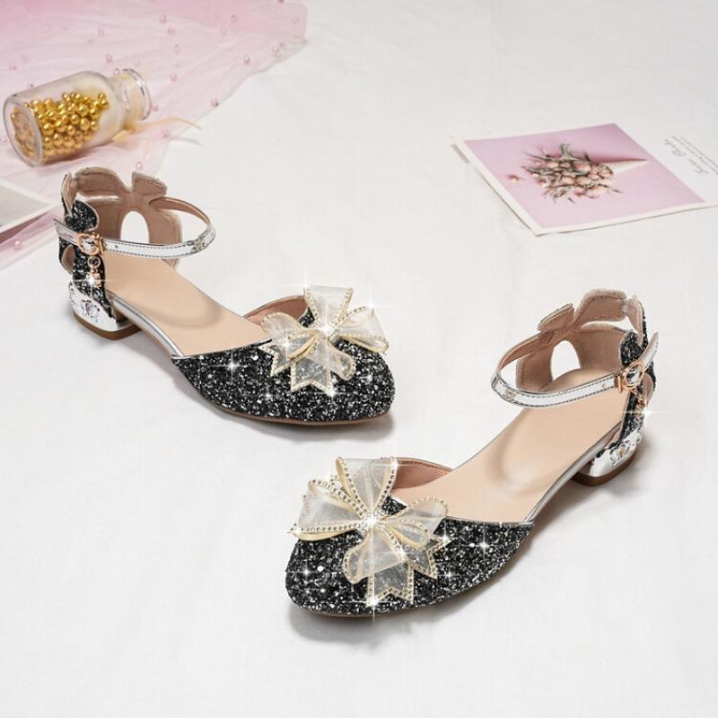 

Summer children s sandals female princess high heels bow sandals middle and older children s students new solid color girls sandals 39 (inner length 24.5cm) чёрный