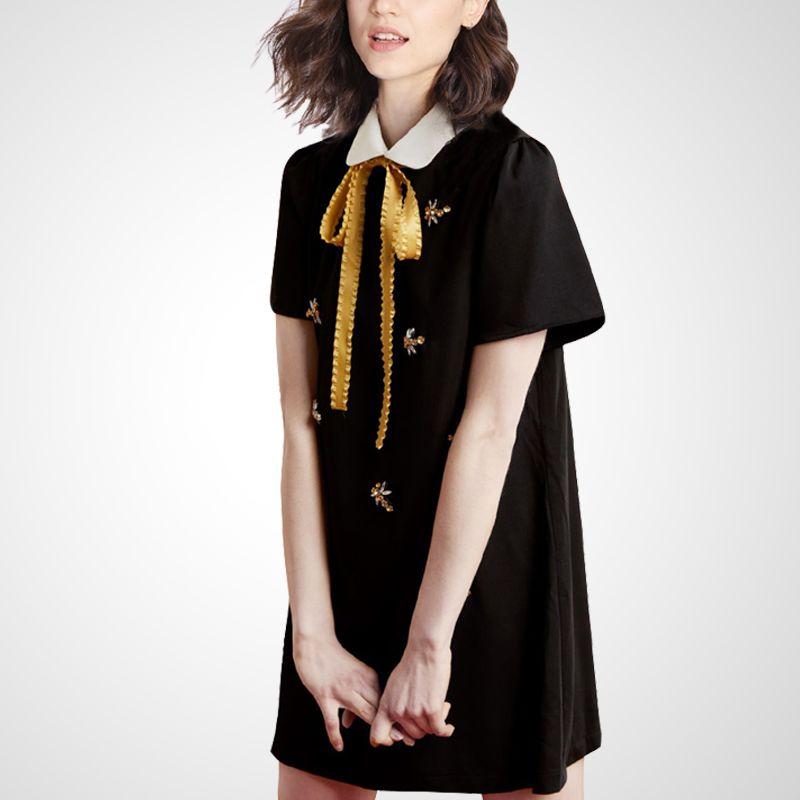 

Fashion Peter Pan Collar Bow Chiffon Black Dress Black (short sleeve) S