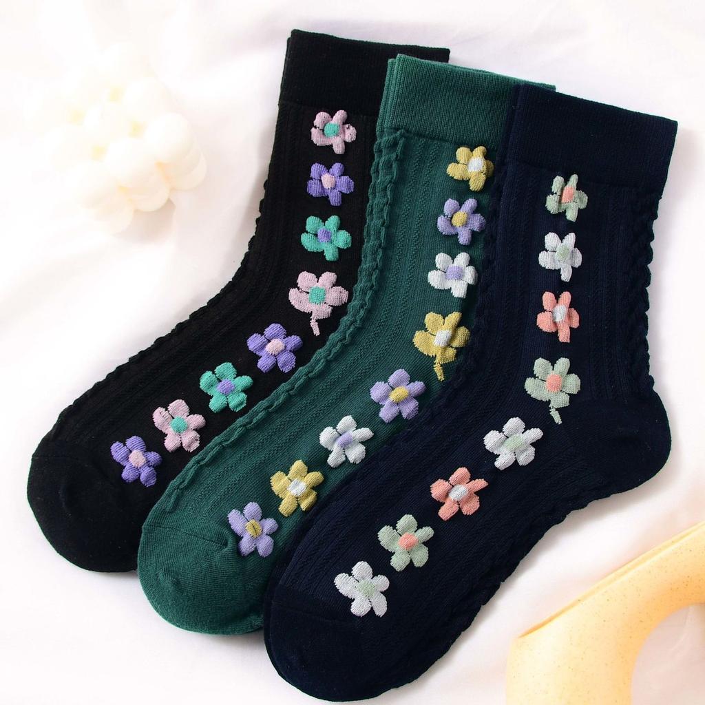 3/5pcs Spring Autumn Japanese Harajuku Woman Socks Cotton with Flowers Funny Socks Women Korean Style Kawaii Girls Calcetines Mujer