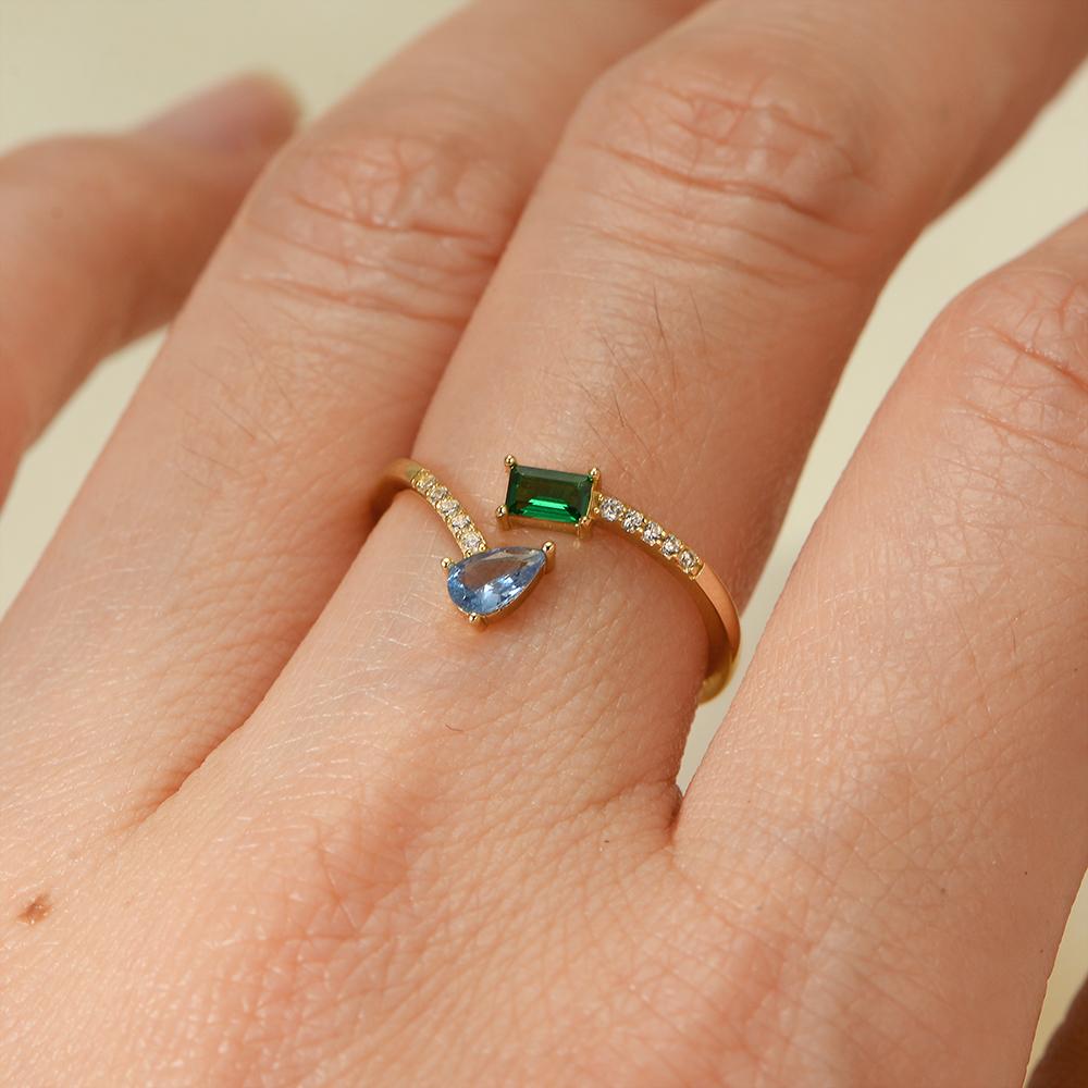 925 Sterling Silver 14K Gold Plated R Dainty Two-Tone Gemstone Stackable Trendy Colorful Baguette Pear Cz Zircon Open Ring
