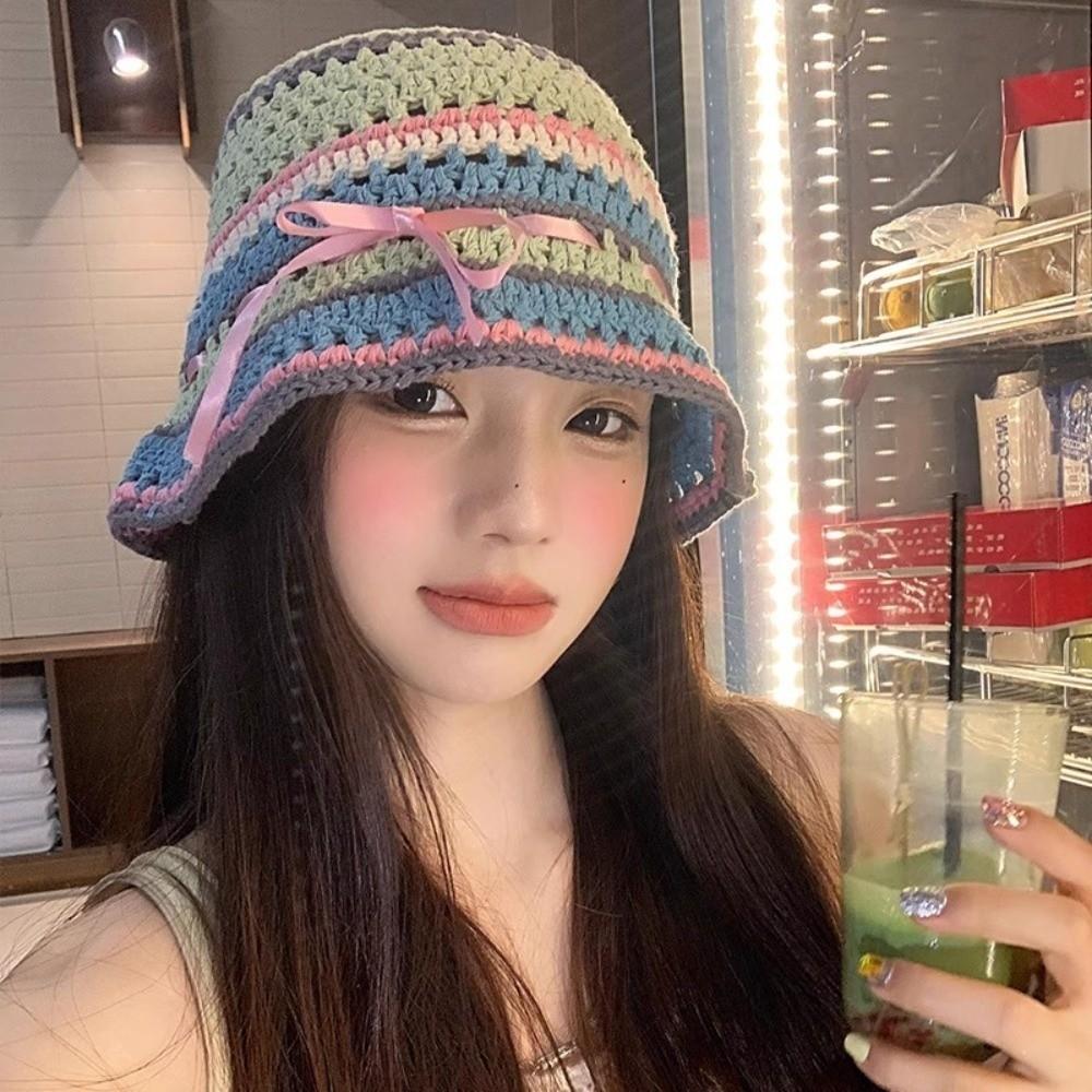 Handmade Knitted Bucket Hats Bow Ribbon Weave Hats Ins Hollow Basin Cap  Streetwear