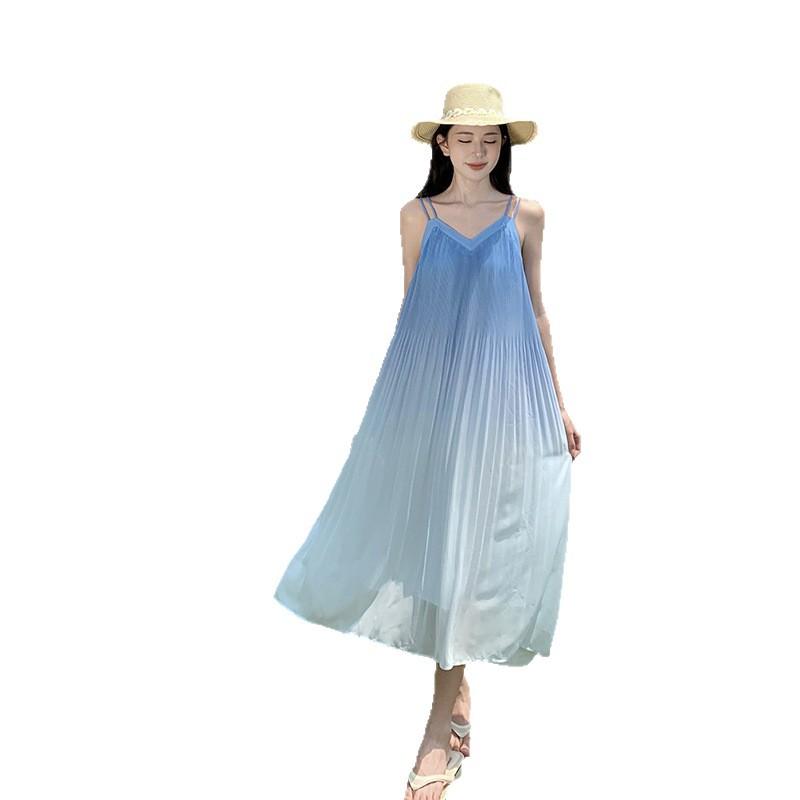 06 French Seaside Holiday Wind Gradual Change Suspender Dress Women's Summer New Long Sleeveless Wave Dress