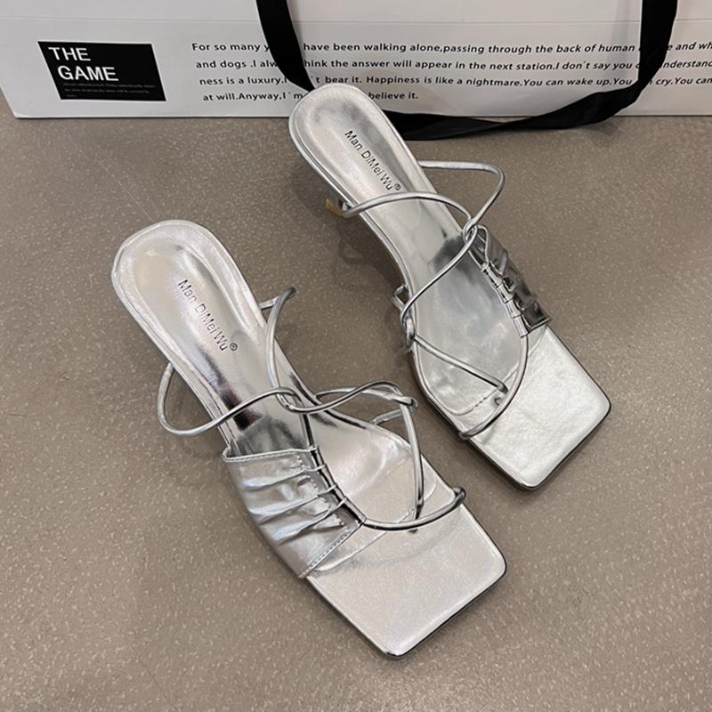 Fashion SUOJIALUN 2025 Summer Narrow Band Women Slipper Fashion Square Toe Slip On Sandal Shoes Thin High Heel Dress Sandal Shoes Slides