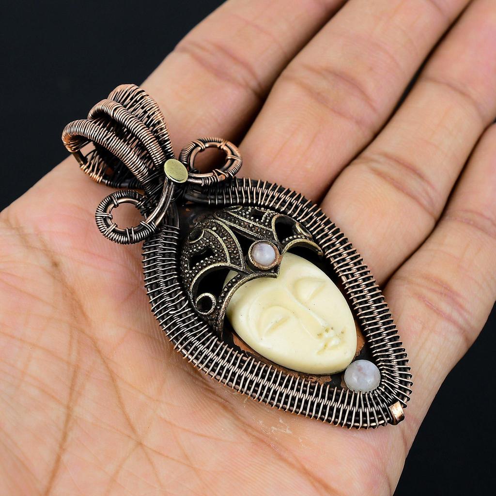 Carved Bone Face Gemstone Pure Copper Wire Wrapped Designer Handmade Pendant Jewelry Gift
