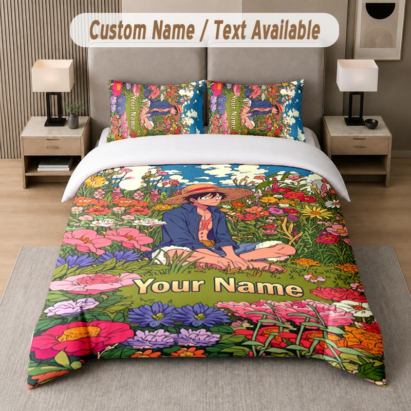 Custom Name One Piece 3Pcs Duvet Cover Set Personalized Text Bedding Pillowcases Bedroom