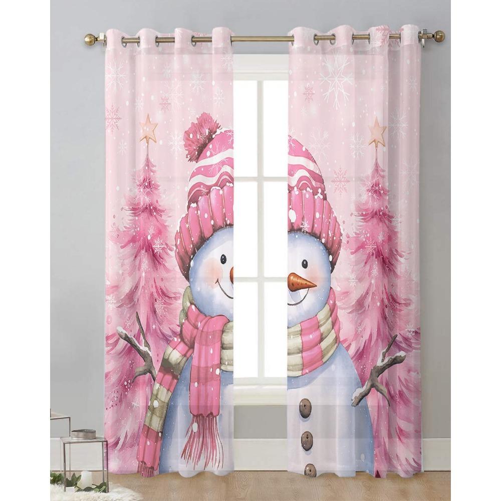 Snowman Snowflake Pink Christmas Tree Sheer Curtains for Living Room Decoration Window Curtains Kitchen Tulle Voile Curtains