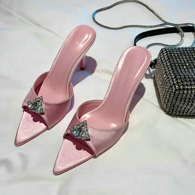 Fashion 2025 New Pointy Sexy Slippers For Women Wearing Satin Rhinester Fairy Wind Fine Heels With A Line Belt High Heels