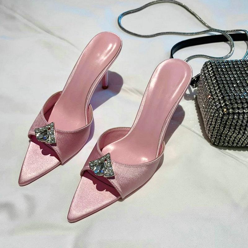 Fashion 2025 New Pointy Sexy Slippers For Women Wearing Satin Rhinester Fairy Wind Fine Heels With A Line Belt High Heels