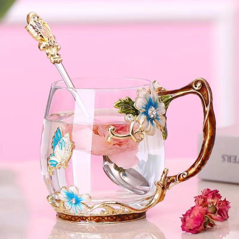 Household Enamel Colored Flower Glass Water Cup Round Coffee Cup Breakfast Milk Juice Cup