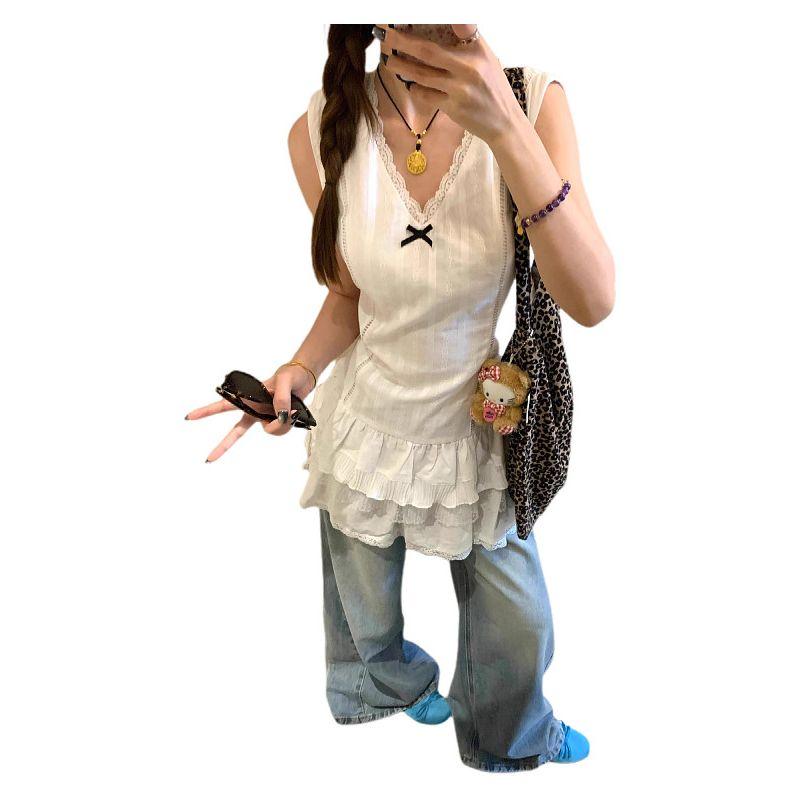 Plus-Size French Lace Trim Camisole Top for Women, Summer New Style, Loose Fit, Slimming Sleeveless Short Dress