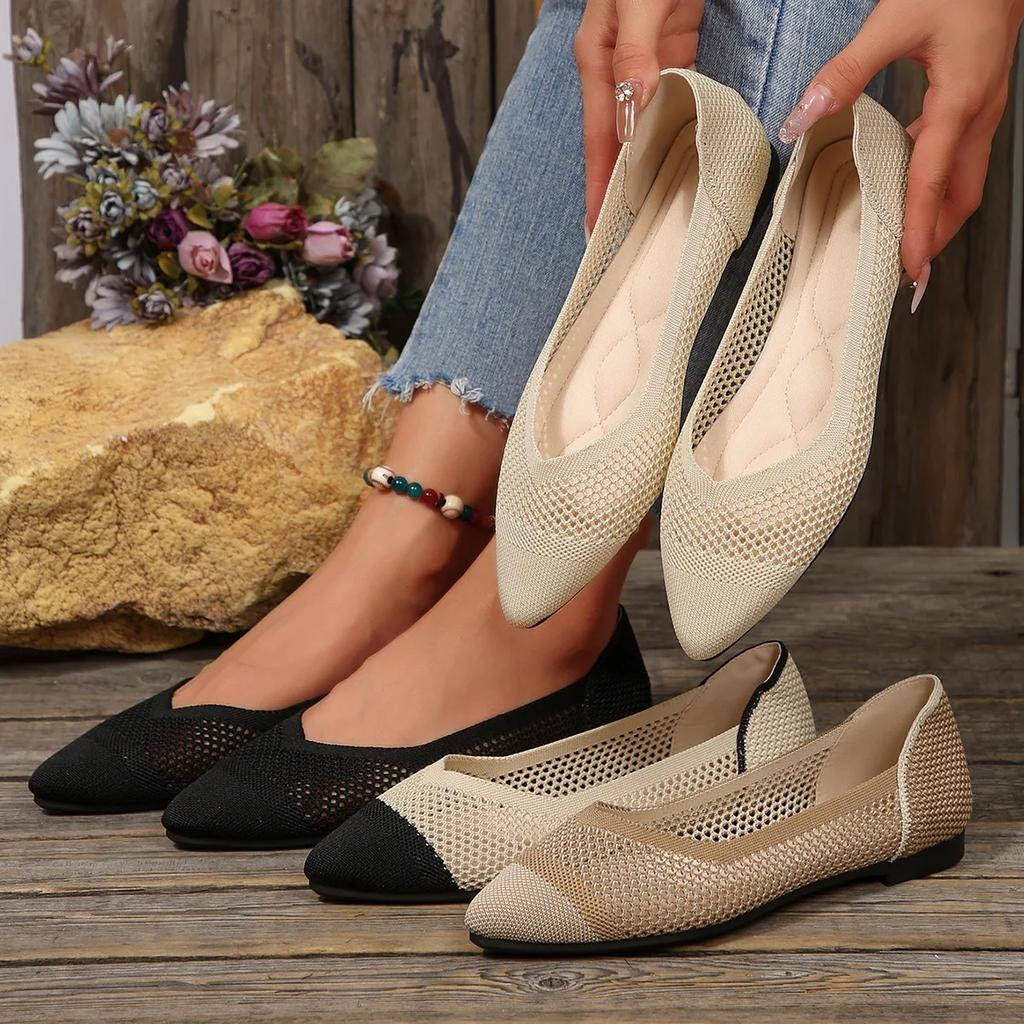 Women's Flat Shoes Fashion Leisure Comfortable Walking Large Size Pointed Shallow Elastic Knitting Face Versatile