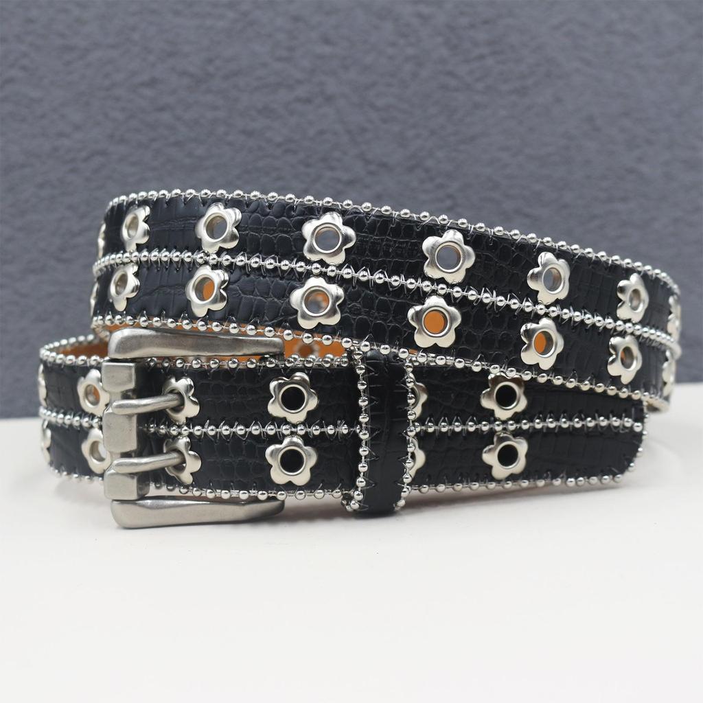 Men's and Women's European & American Punk Style Leather Belt with Flower Rivet and Eyelet Design