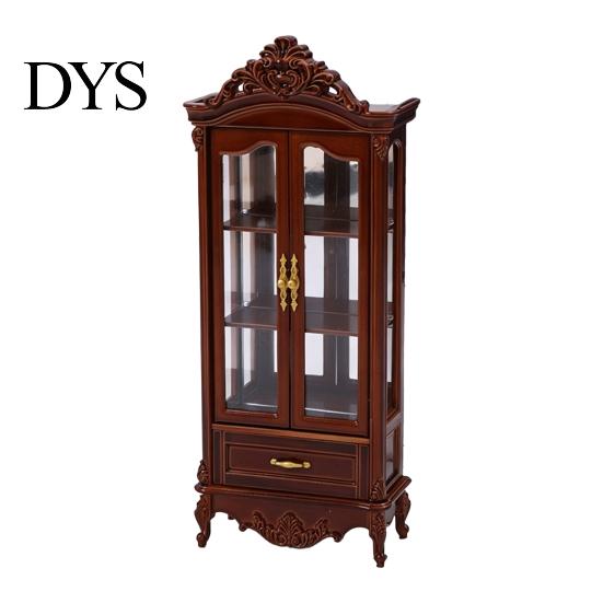 Doll Mansion Interior Accessories Miniature Curio Cabinet, 1/12 Scale Mini Wine Wooden Tiny Display Cabinet with Drawer, Vintage Furniture for Living