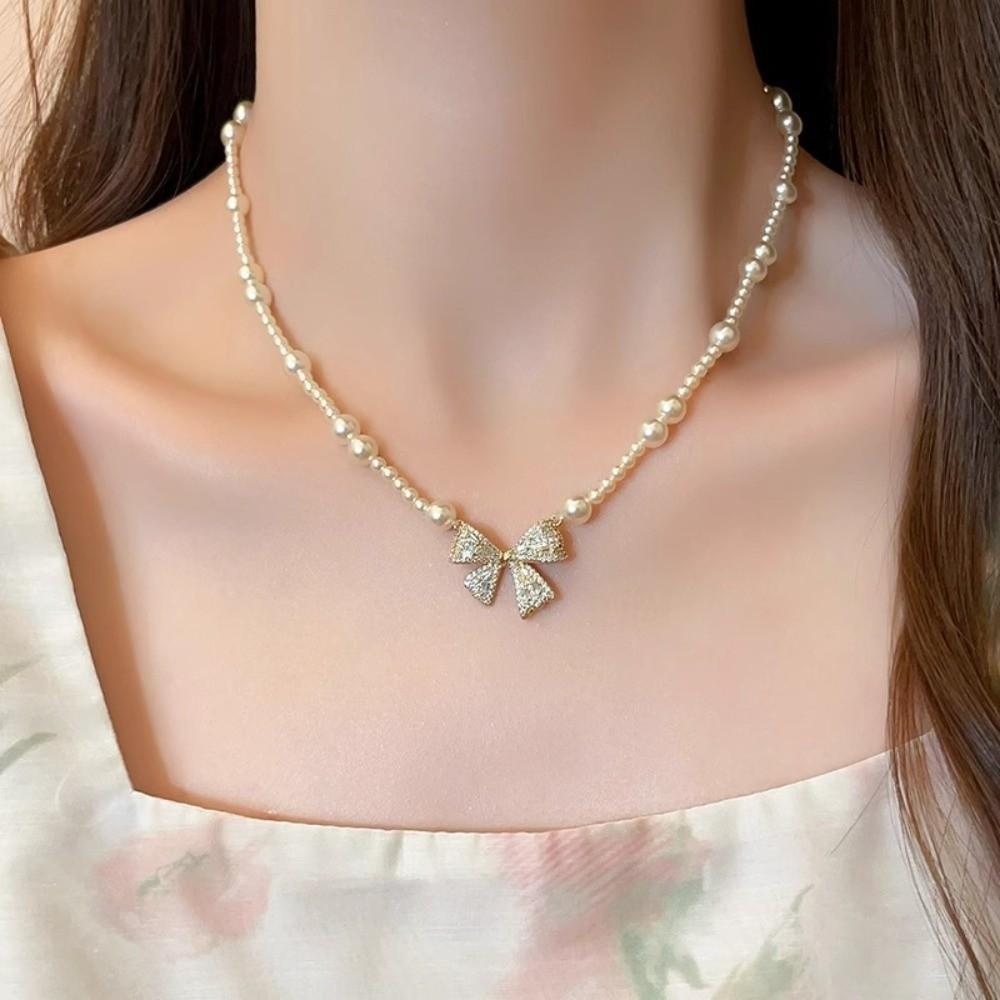 Clavicle Chain Silver Bowknot Necklace Pearl Simple Pendant Chain Bow Necklace Pendant  Girls/Women