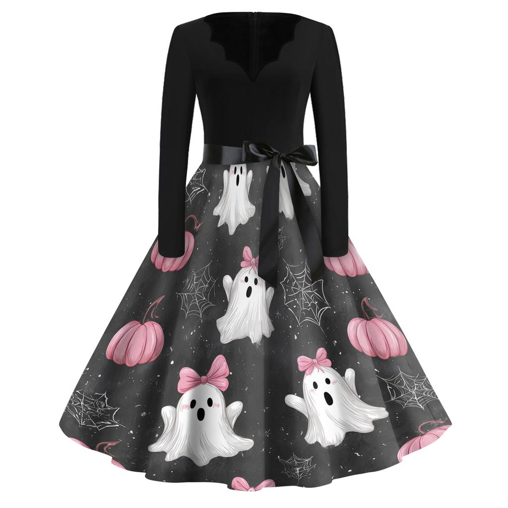 Women's Casual Vintage V Neck Dress Halloween Print Long Sleeve Retro Style A Line Midi Dress with Waist Tie Belt