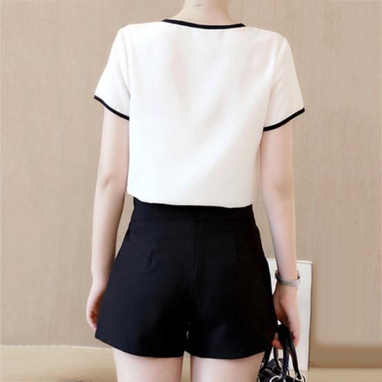 Damen-Bluse mit V-Ausschnitt und kurzen Ärmeln, Farbblock-Rand, Chiffon-T-Shirt-Oberteil