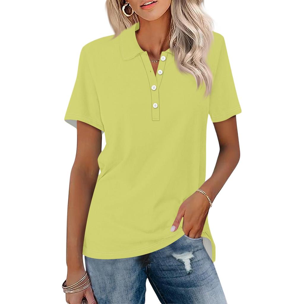 Women's Fashion Lapel Short Sleeve Solid Color Printed Button Top