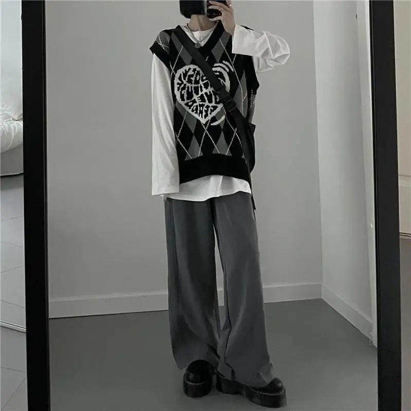 Gothic Streetwear Schwarz Plaid Stricken Weste Frauen Harajuku Übergroßen Pullover Ärmellose V-ausschnitt Lose Grafik Tops Punk Y2K