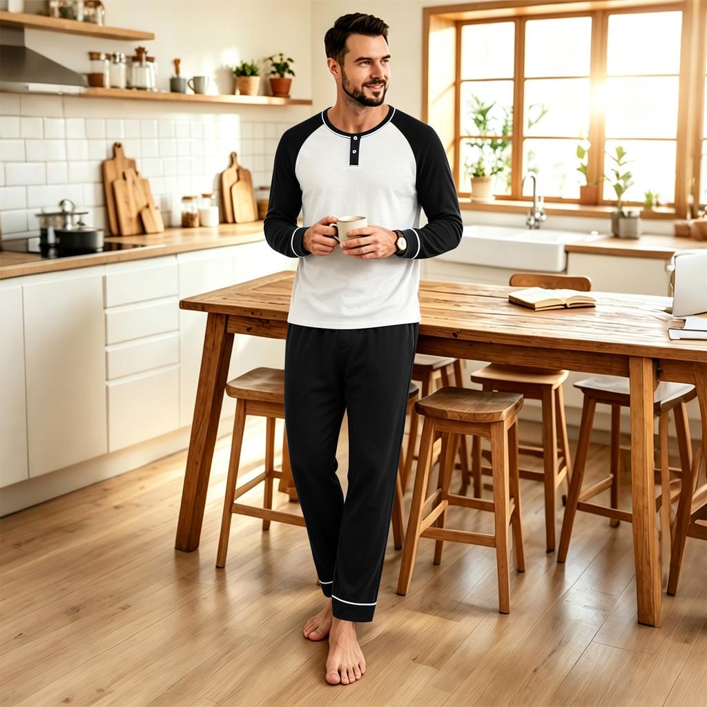 Men's Casual Loose Fit Raglan Sleeve Pajama Set for Sleep and