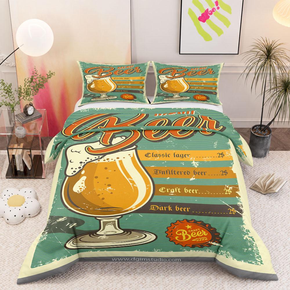 Decorative Vintage Beer Menu Glass Poster Green Duvet Cover with Pillowcases, Simple Elegance Duvet Cover Set