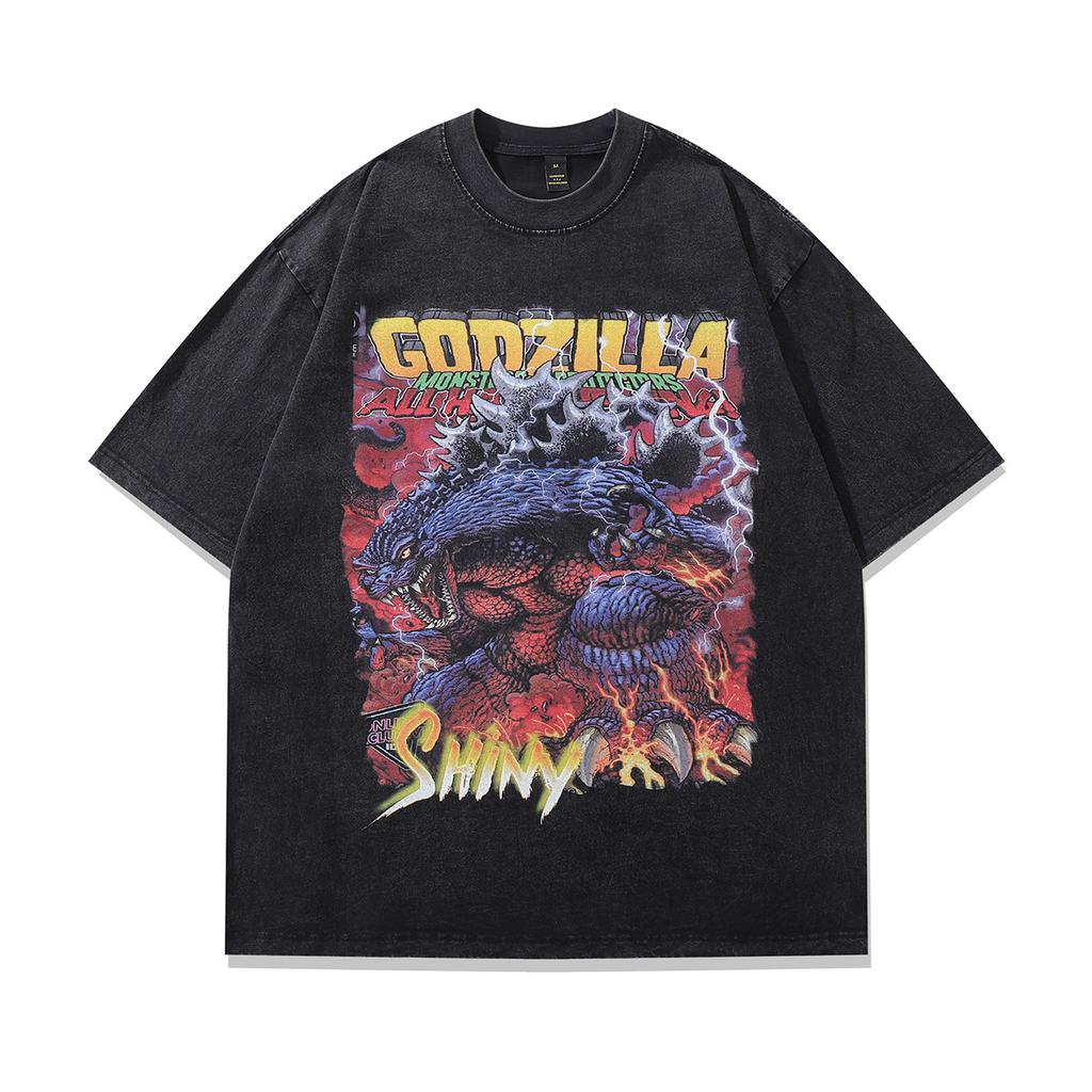 Japanese Cartoon Printed Hiphop Heavy Washed Old Short-Sleeved T-Shirt Men'S And Women'S Hip-Hop Retro Half-Sleeved Tee