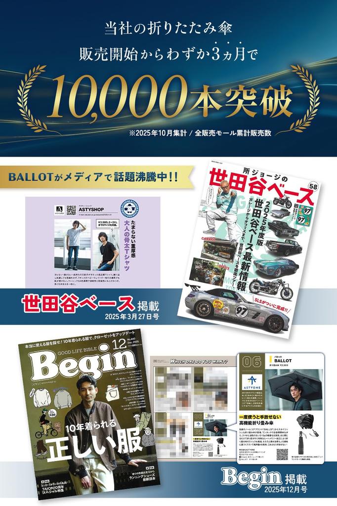 BALLOT Folding Umbrella Memory Automatic with Addictive Black [Shape & Ultra-Lightweight 210g] Open/Close One-Touch Operation, Water-Repellent,