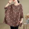 Summer Cotton Hemp Polka Dot Printed Blouse Large Size Art Retro Loose Bat Sleeve Top T-shirt for Women