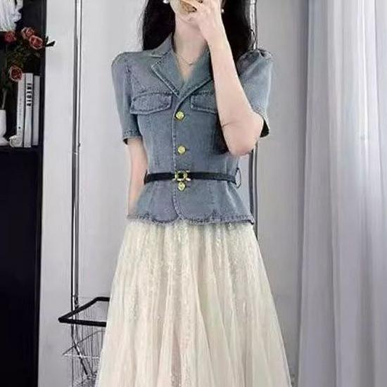 French Denim Short Sleeve Shirt & High-Waist A-line Skirt Set for Women - Summer Slim Fit