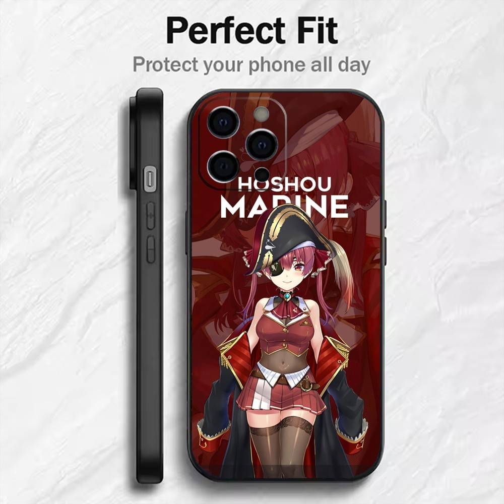 Houshou Marine Holo Pronted Phone Case For iPhone17,16,15,14,13,12 Plus,Max Soft Silicone Black Cover iPhone16e