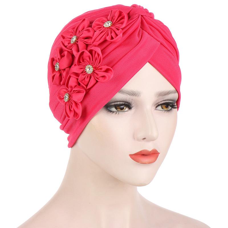 Women Flowers Ruffle Turban Caps Muslim Elastic Pearls Headscarf Bonnet Ladies Hair Accessories Indian Cap Turbante Mujer