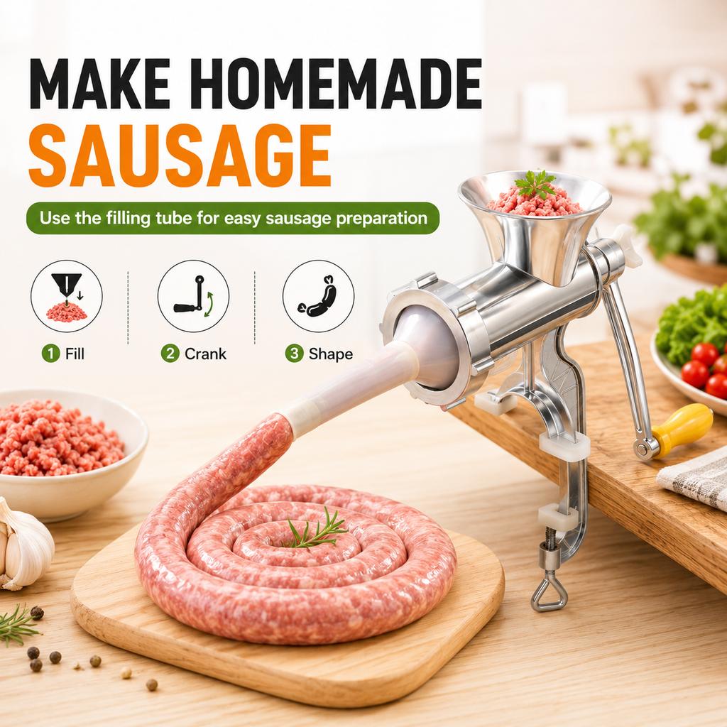 ZNLYRION Stainless Steel Manual Meat Grinder Hand Crank Mincer Sausage Stuffer Machine Table Clamp Design Household Kitchen Tool for Mincing Meat