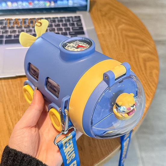 Cartoon Water Bottle with Straw & Strap 550ml Submarine Shape Sippy Cup for Kids Reusable Detachable Silicone Nozzle Water Cup for School Sports