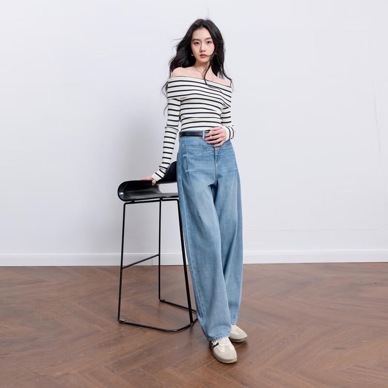 Sancai Women s 100% Cotton High-Waist Loose Barrel-Leg Jeans L